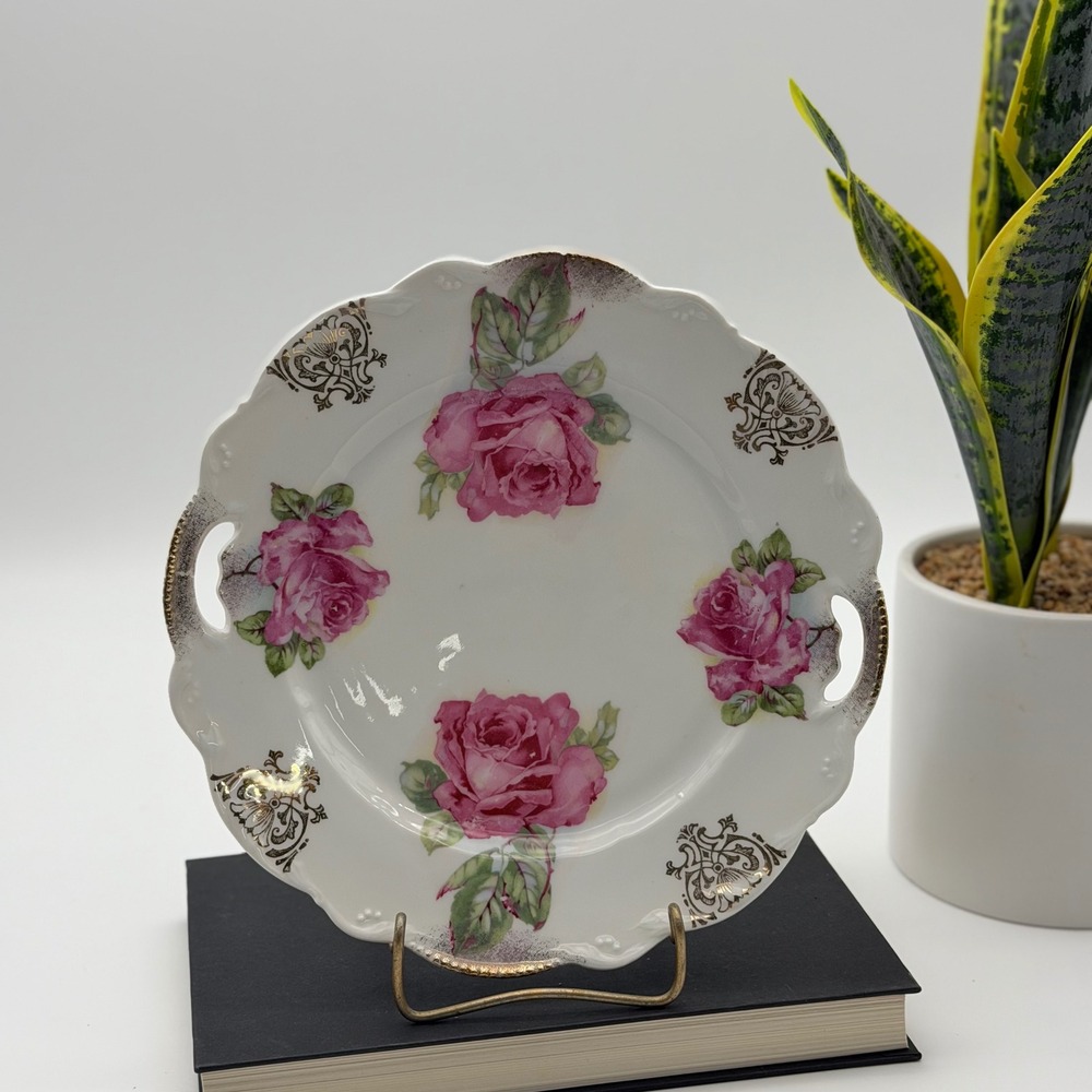Vintage Porcelain Pink Rose Cake Plate Gold Gilt Scalloped Rim Two Handles